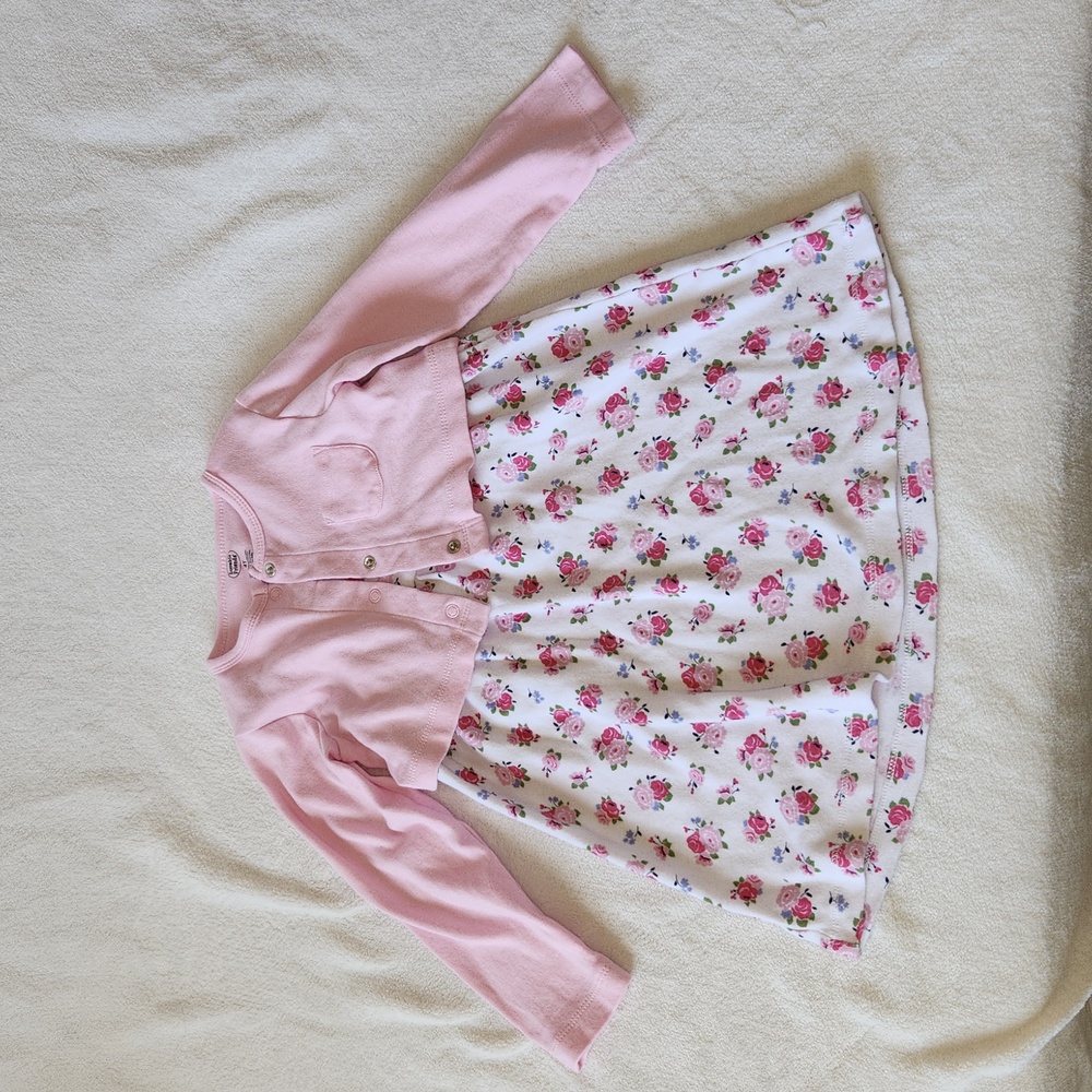 Floral Pink and White Sleevedress Dress with Pink Cardigan, Size 4T